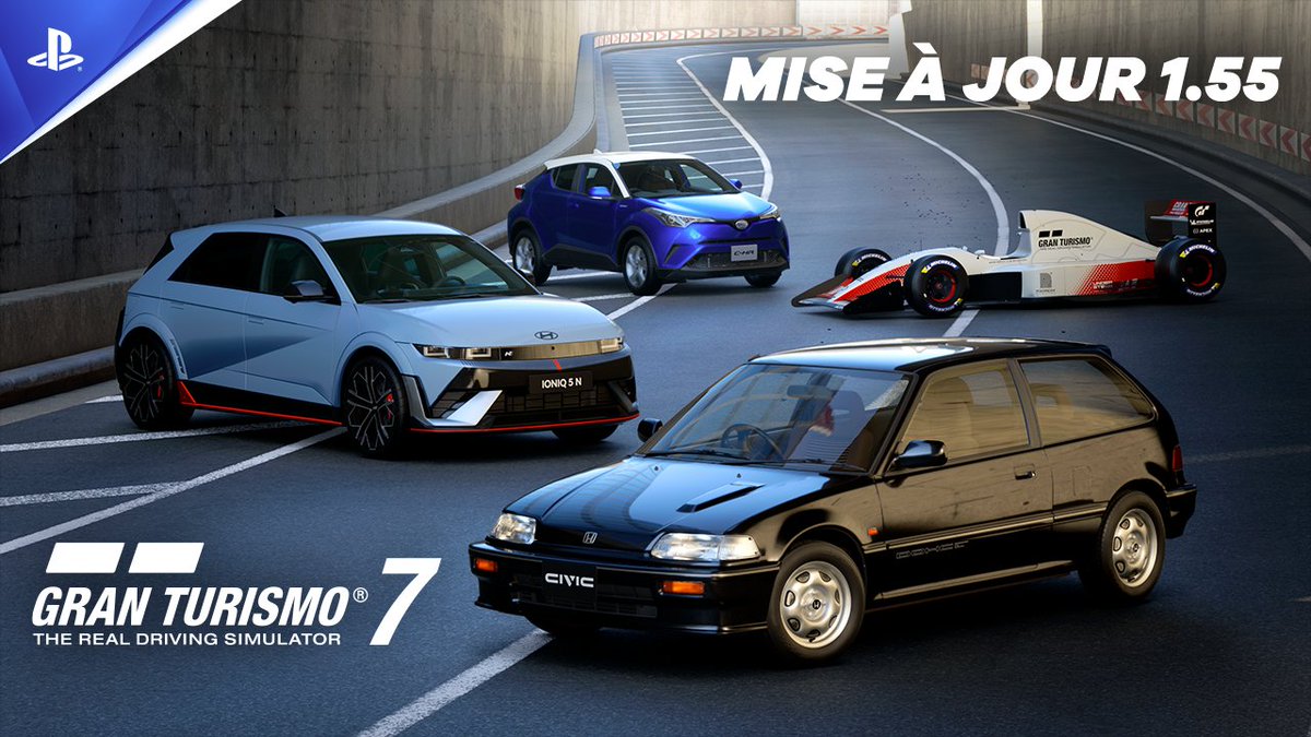 La nouvelle mise à jour de Gran Turismo 7 est disponible avec notamment : - 4 nouvelles voitures : Gran Turismo F3500-A, Honda Civic Si Extra (EF), ‘87, Hyundai IONIQ 5 N ‘24 et Toyota C-HR S ’18 - Nouveaux Café Menu, GT Auto, événements circuits mondiaux, Scapes, GT Sophy, etc.