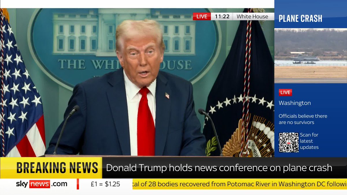 "We are in mourning. This has really shaken a lot of people" President Donald Trump describes the Washington DC plane crash as an "hour of anguish for our nation" and a "real tragedy" while speaking in the White House Latest ➡️ 📺 Sky 501 and YouTube