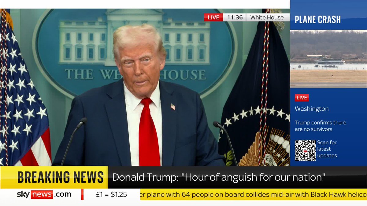 Turning to the crash itself, Donald Trump appears to speculate on what happened, saying the passenger plane was "doing everything right" and "coming into path". He says a "confluence of bad decisions" caused the crash. 📺 Sky 501