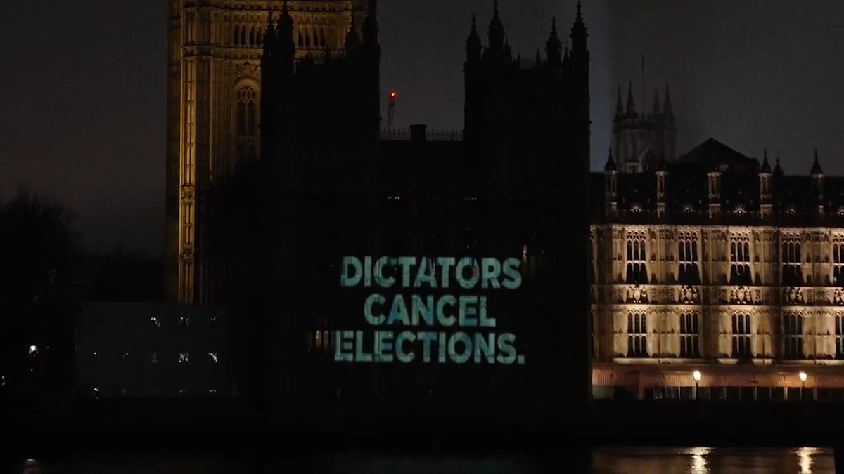 Reform UK projected ‘Let The People Vote’ onto Parliament in protest over Labour's plans to cancel elections in May. We demand that Keir Starmer and Angela Rayner change course. Sign our petition to save democracy. ➡️