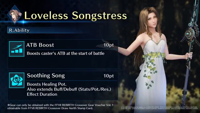 Check out Aerith's Loveless Songstress! Get this Aerith-Exclusive Gear from FFVII REBIRTH Crossover Draw Aerith on the Stamp Card! #FF7EC #FF7EverCrisis #FF7