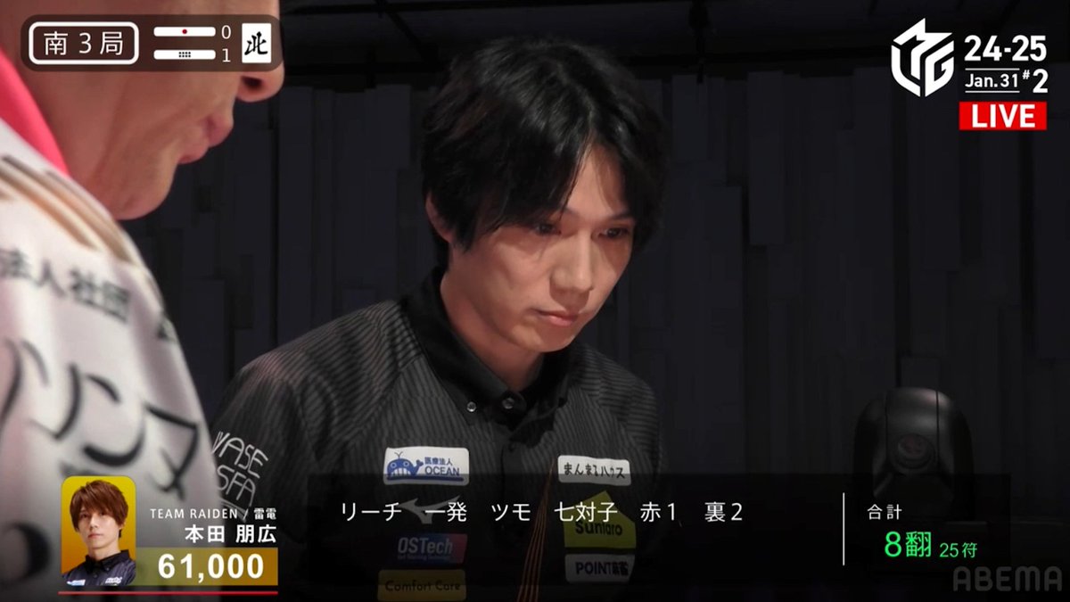 #Mリーグ 2024-25試合ダイジェスト📹 南3局1本場、#本田朋広 選手の親倍満ツモ！ 太選手が🀐🀓待ちで先制リーチをかけるも親の本田選手が七対子で追いつく！ 🀞を勝負して2枚切れ🀂単騎でリーチ！ 結果はなんと🀂一発ツモ！ 裏ドラも2枚の8000オールを決める⚡ 👇動画タップで今すぐ無料視聴