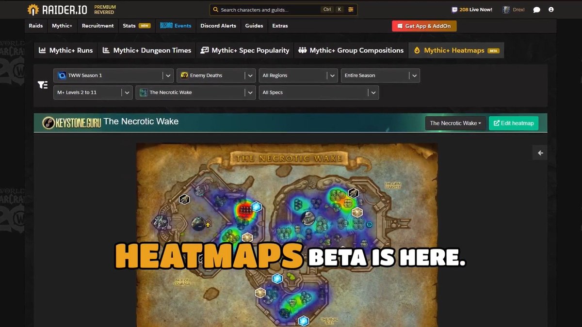 On our final day of the Great Eight Anniversary celebration, we've got a special surprise feature for you! Introducing Mythic + Heatmaps! Fully integrated with Keystone Guru, select a dungeon and refine your search to produce a heat map! 🎂