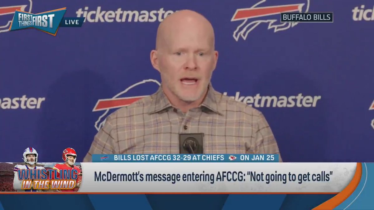 .nick wright reacts to Sean McDermott’s end-of-season press conference after loss to the Chiefs in the AFCCG: “After the game blaming the refs is loser behavior… I am beside myself.”