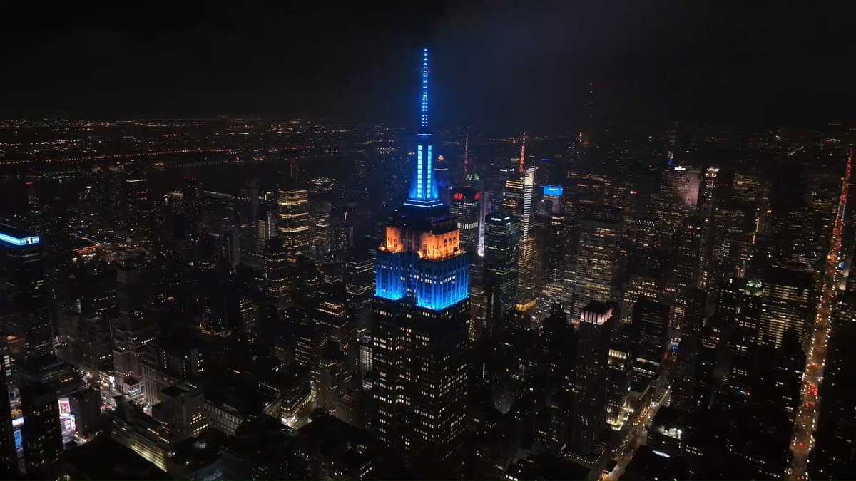 Shining blue and yellow tonight in honor of the premiere of 'DOG MAN' and the Heroes and the World Campaign Text CONNECT to 274-16 to get alerts on our Lights! Watch tonight's lighting here: