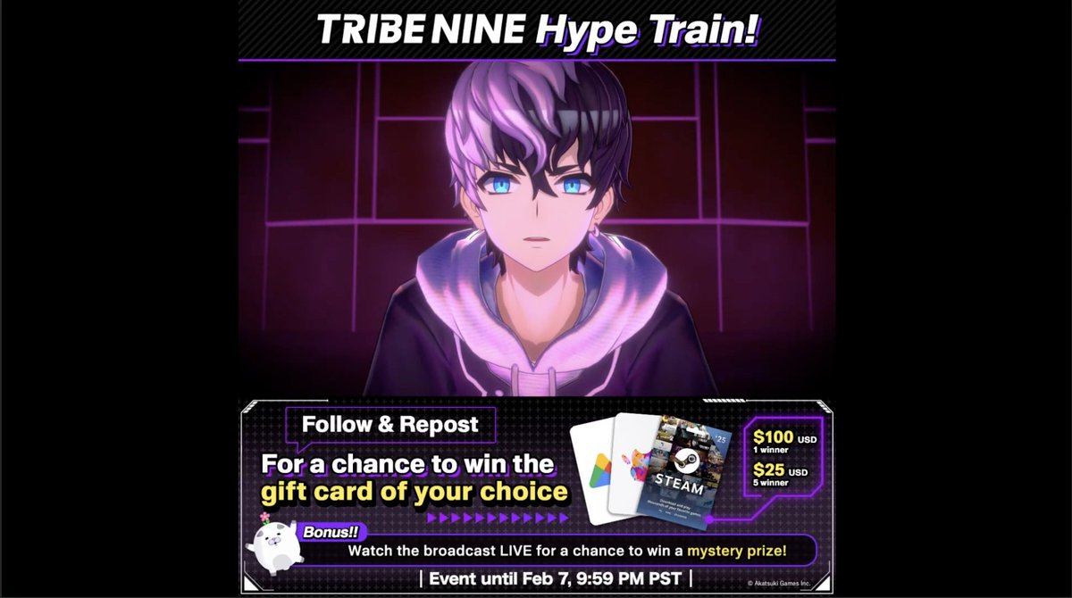 🚂All aboard the TRIBE NINE Hype Train!✨ Celebrate our special broadcast with a chance to be one of six lucky winners to receive a gift card worth up to $100 USD! ▶︎ How to enter ① Follow us TRIBE NINE Official ② Repost this post ⏰Deadline: Feb 7, 9:59 pm PST