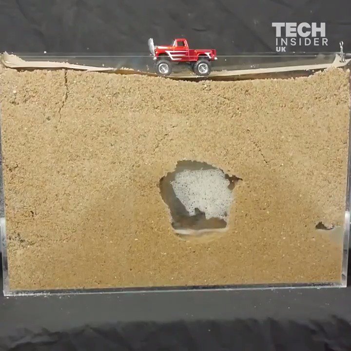 地中の排水パイプが破損した状態で、地下の土砂が運搬されて空洞ができ、地表が陥没する様子を再現した実験を紹介した動画。埼玉県八潮市の事故と一致する内容。都市域の道路が陥没する主因として紹介されており、海外で類例が多かったことを示唆する。 via Insider Tech