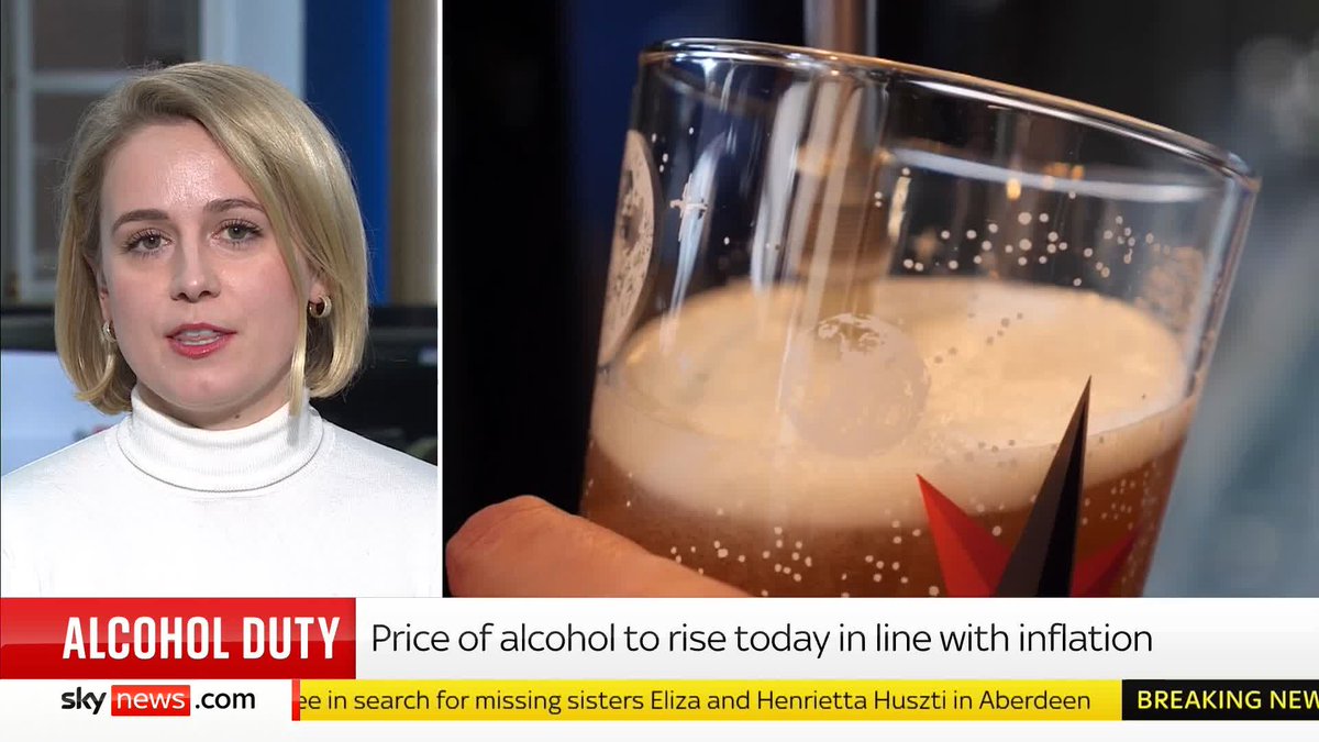 'You're going to really notice a price difference.' Alcohol prices set to rise today, with a 3.6% tax increase and a new system based on strength. Sky News' correspondent Alice Porter has all the details ⬇️ 📺 Sky 501, Virgin 602, Freeview 233 and YT