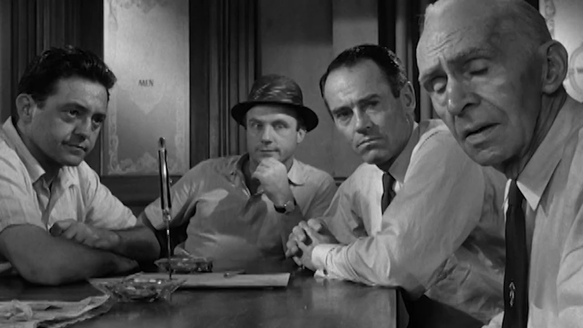 12 ANGRY MEN ('57) chronicles the heated deliberations of a fractured jury on a capital murder case over a tense afternoon in one sweltering room. It received three Oscar nominations, including Best Director for Sidney Lumet in his feature directorial debut.