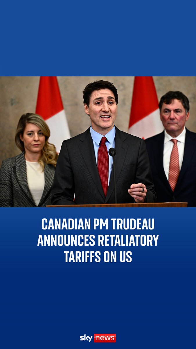 Canadian Prime Minister Justin Trudeau said his country will place 25% tariffs on $155bn in US imports in retaliation for Trump's imposition of tariffs on imports from Canada. Full story: