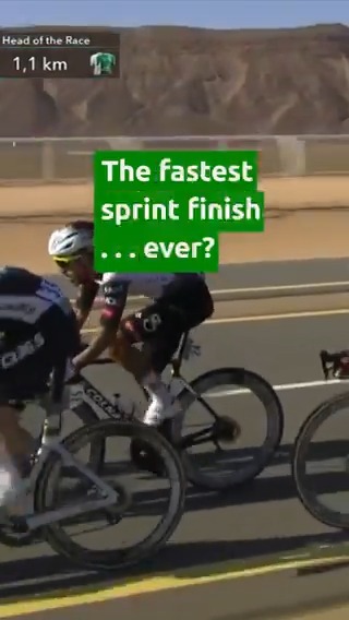 According to the data, yesterday we had the fastest sprint finish ever at AlUla Tour as riders covered the last kilometre in only 41 seconds with the average speed of 87,8 km/h 🤯 #AlUlaTour 🎥: sbssportau
