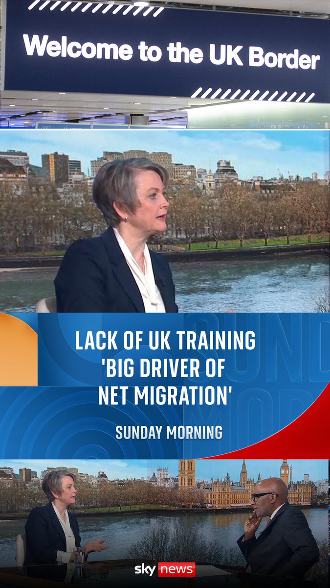 Home Secretary Yvette Cooper has told Sky News that the 'big driver' behind the increase in UK net migration is overseas recruitment, adding that there are 'fewer UK working age residents' in the labour market.