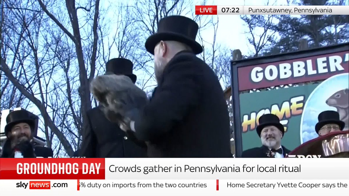 A groundhog named Punxsutawney Phil has predicted six more weeks of winter during the annual Groundhog Day event in Pennsylvania 📺 Sky 501, Virgin 602, Freeview 233 and YouTube