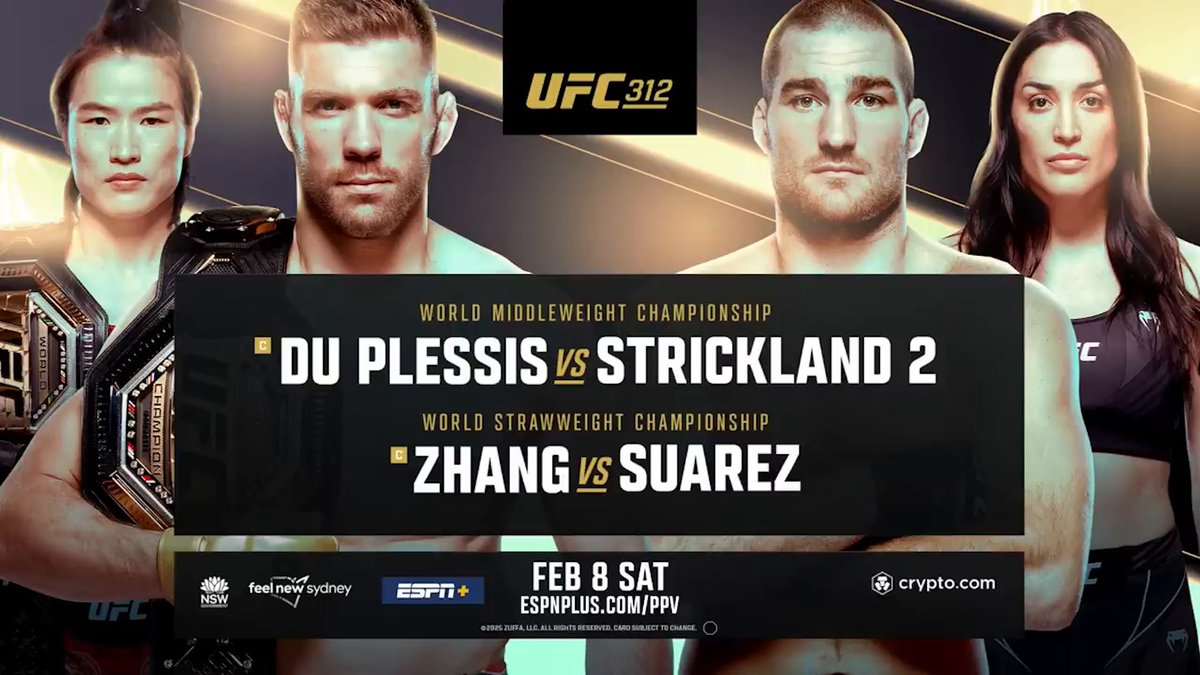 TWO UFC title fights headline #UFC312 in Australia 🏆🏆 📺: Saturday, Feb. 8 | 10 PM ET | ESPN+ PPV 🍿