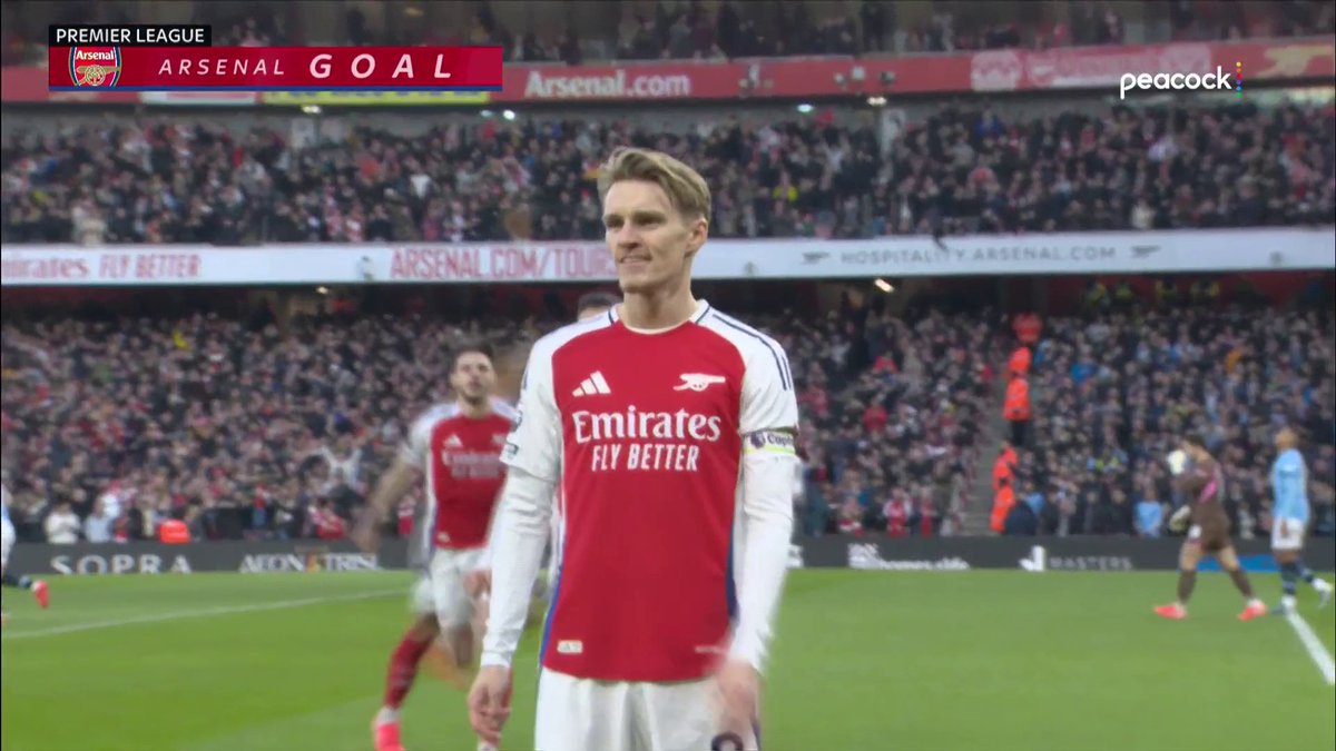 ARSENAL OPEN THE SCORING 105 SECONDS IN. IT'S MARTIN ODEGAARD. 📺 Peacock | #ARSMCI