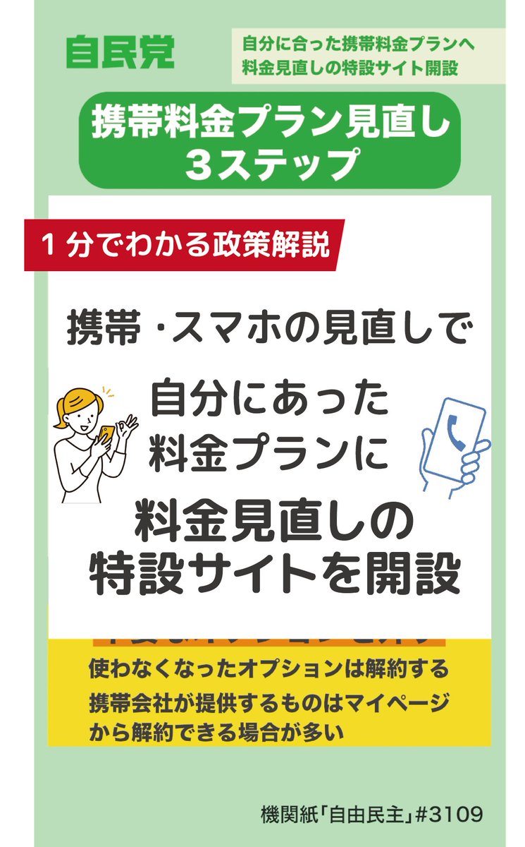 📹1分解説動画 自分に合った料金プランへ 料金見直しの特設サイトを開設 利用プランを見直すことで携帯料金が下がる場合が多いので、特設サイトで是非ご確認ください。 自民党は皆さまの生活に寄り添う政策を、これからも進めてまいります。 機関紙「自由民主」より抜粋