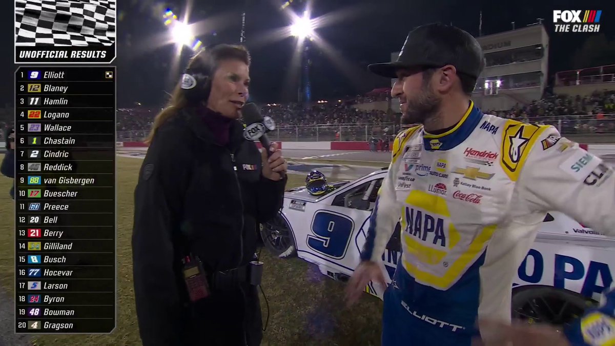 Chase Elliott talks with Jamie Little after winning the Clash at Bowman Gray Stadium.