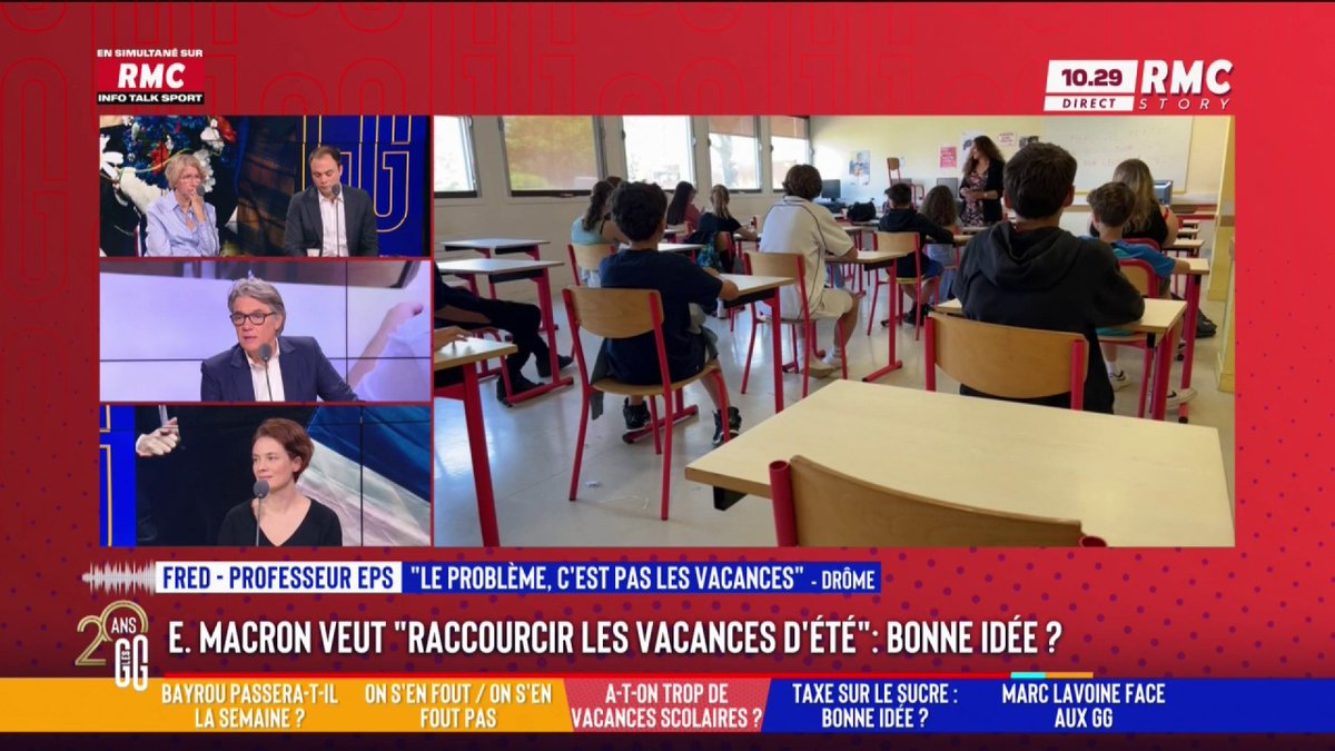 🏖️ Emmanuel Macron veut « raccourcir les vacances d’été » 📞 Fred, prof d'EPS : "Quand j'étais gamin, être professeur, c'était une référence. Maintenant j'ai honte de le dire. En 1978, on avait deux mois et demi de vacances l'été et ça ne posait problème à personne." #GGRMC
