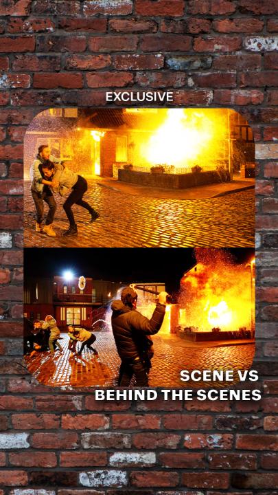 Scene versus behind the scenes 🔥 🚒 We're back Tuesday at 8pm on ITV and ITVX!👇 #Corrie ITV ITVX