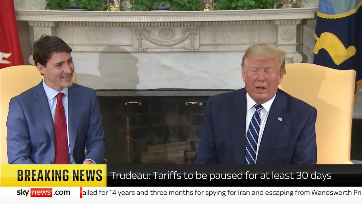 BREAKING: Canadian PM Justin Trudeau says American tariffs on Canada will be paused for 30 days following a "good call" with Donald Trump. 📺 Sky 501, Virgin 602, Freeview 233 and YouTube