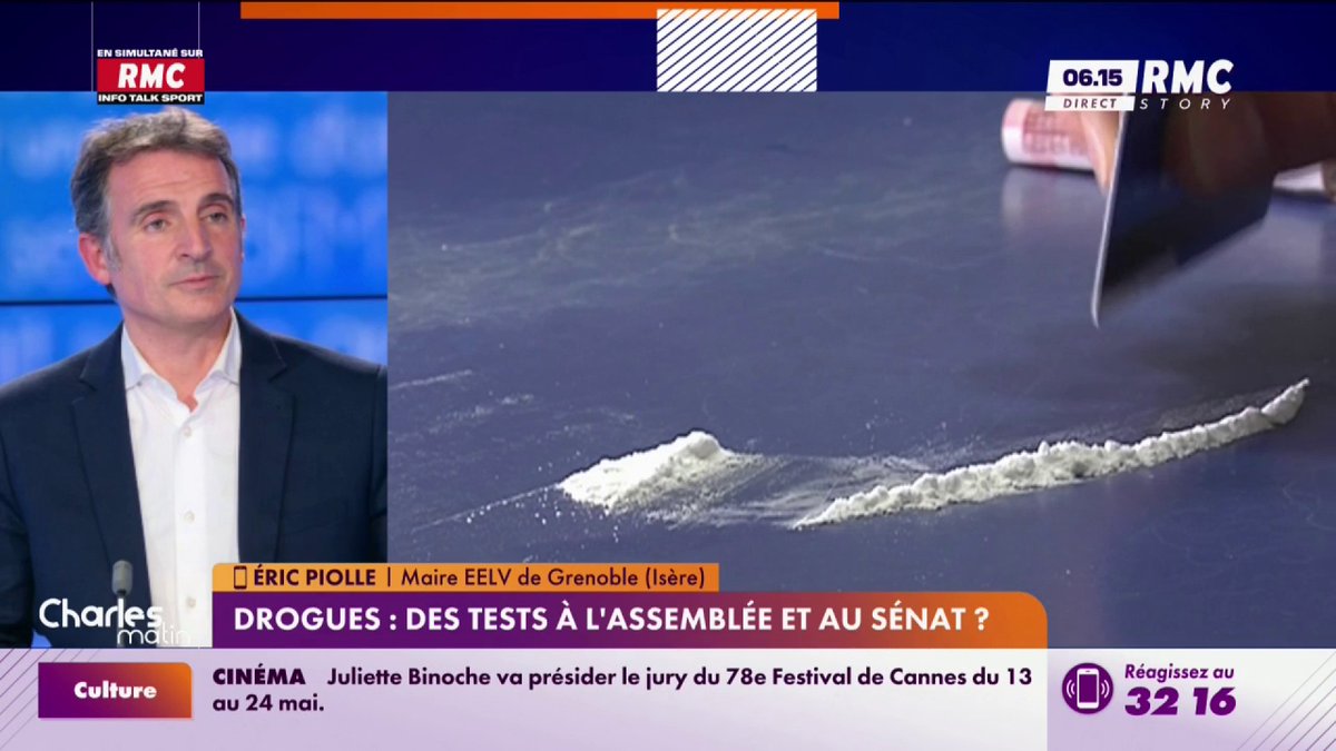 💬 "Vu la propagation de la drogue, il n'y a pas de raison que ministres et cabinets soient en dehors de cette vague", lance Eric Piolle, maire (EELV) de Grenoble, qui propose des tests de dépistage pour députés, sénateurs et ministres #CharlesMatin