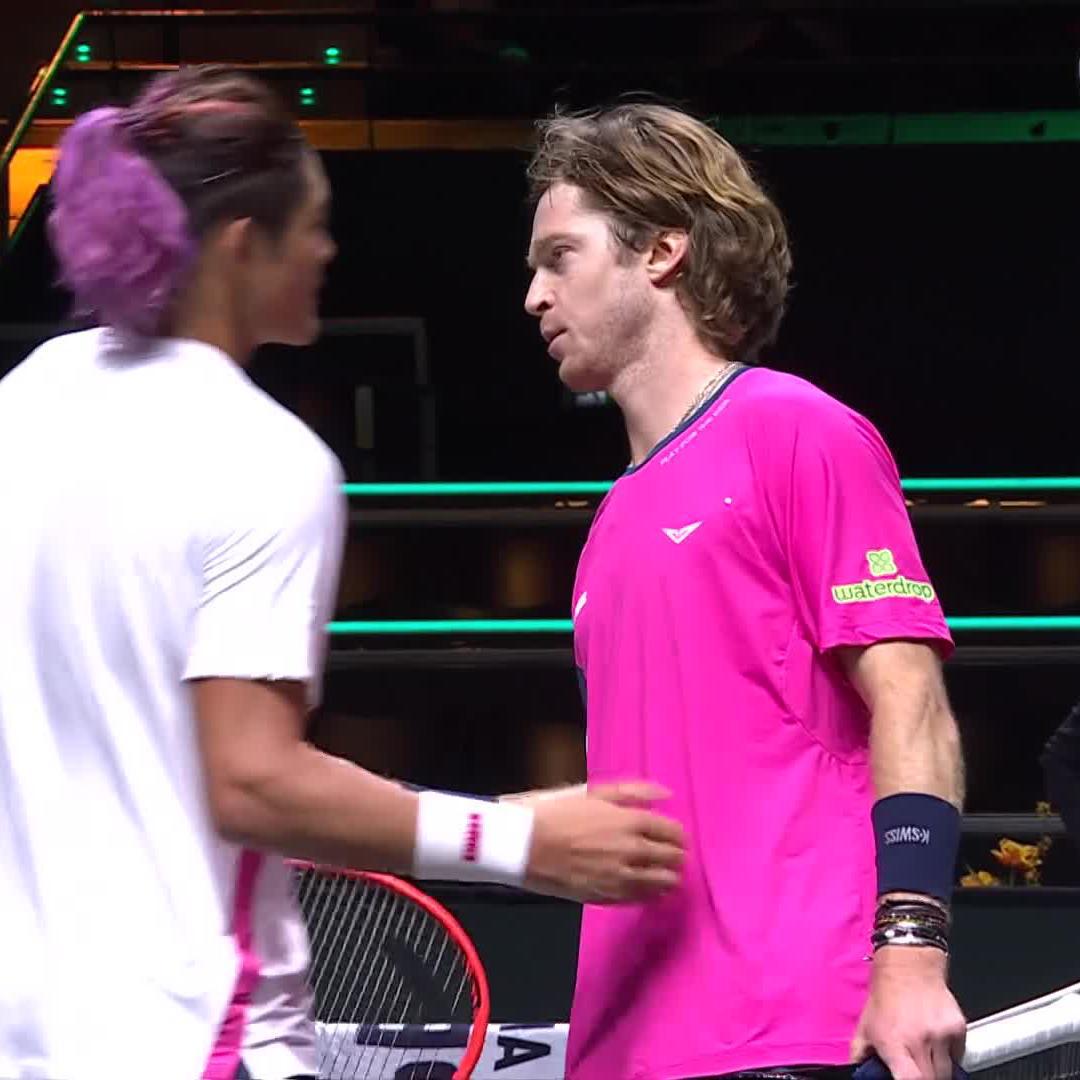 Finding his groove ๐ค 2021 champion Andrey Rublev overcomes Zhang 6-3 6-4 to move into round 2 in Rotterdam #obnamroopen
