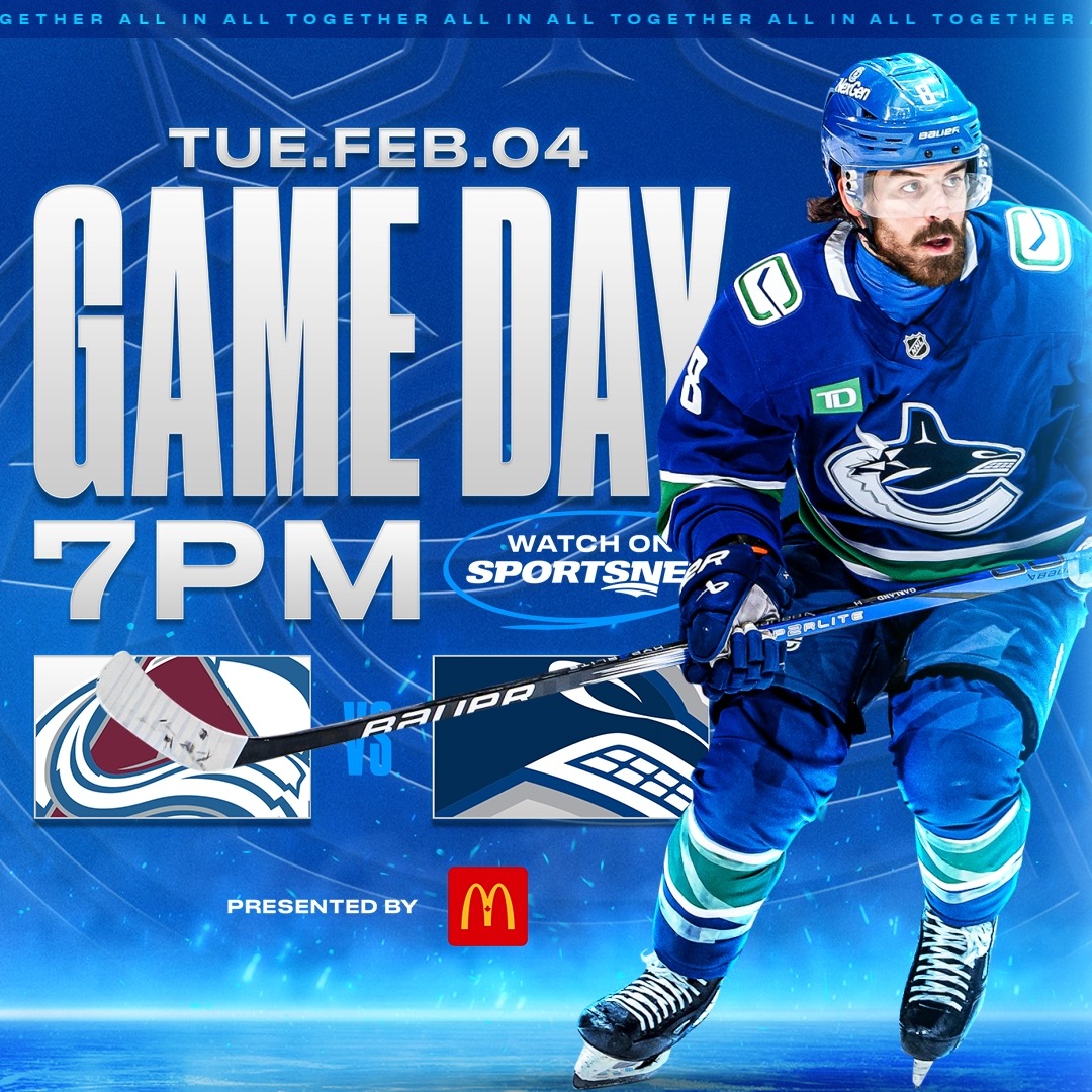 Battle in our building against the Avalanche! 🗻 🆚 Colorado Avalanche ⏰ 7:00 PM PT 📍 Rogers Arena 📺 Sportsnet Pacific 📻 Sportsnet 650 Presented by McDonald's 🇨🇦 BUY TICKETS |
