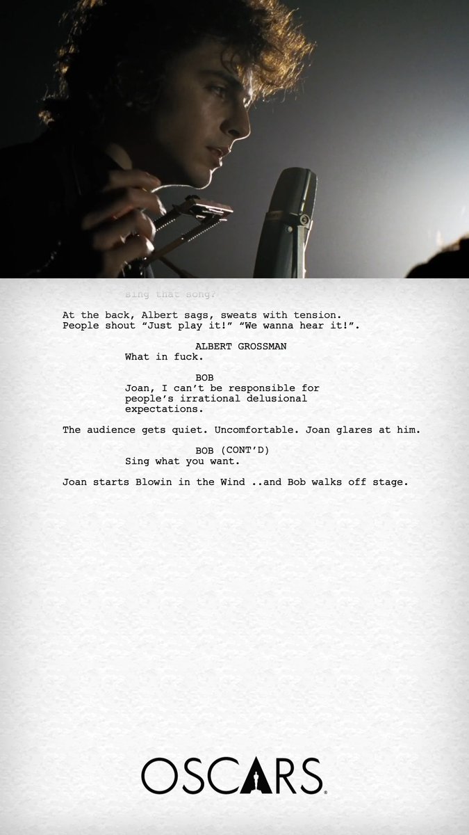 A COMPLETE UNKNOWN, screenplay by James Mangold and Jay Cocks. Nominated for Writing (Adapted Screenplay) at the 97th Oscars. Watch the #Oscars LIVE on Sunday, March 2nd, at 7e/4p on ABC and Hulu.