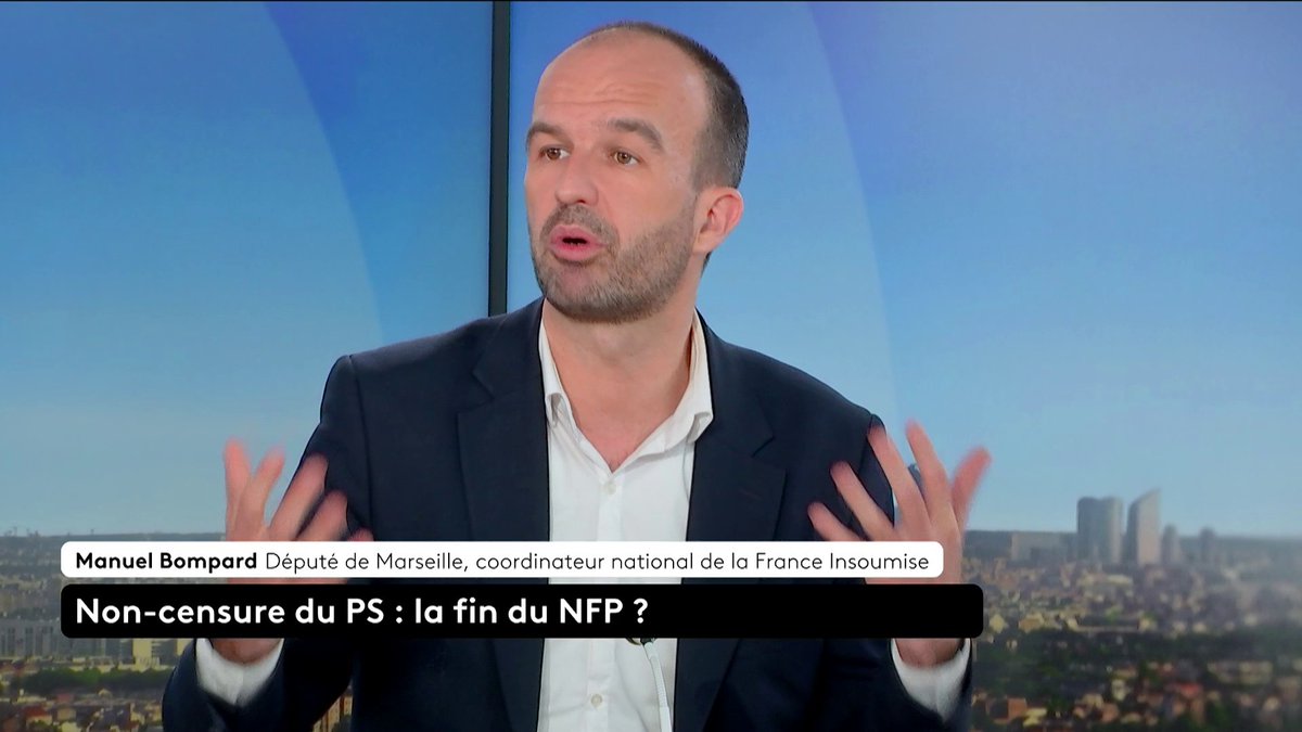 🔴🗣️ Non-censure du PS : "Du point de vue des engagements pris devant les électrices et les électeurs, ce serait une trahison", analyse pour sa part le député LFI Manuel Bompard.