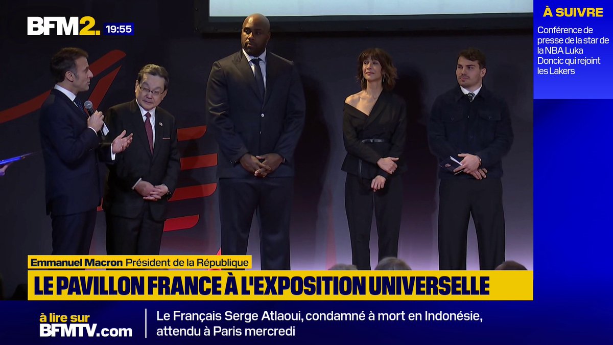 💬"Vous avez construit par votre talent une notoriété au Japon et un amour de la France" Emmanuel Macron remercie Sophie Marceau, Antoine Dupont, Léa Seydoux et Teddy Riner les marraines et parrains du Pavillon France à l'Exposition universelle d'Osaka 2025