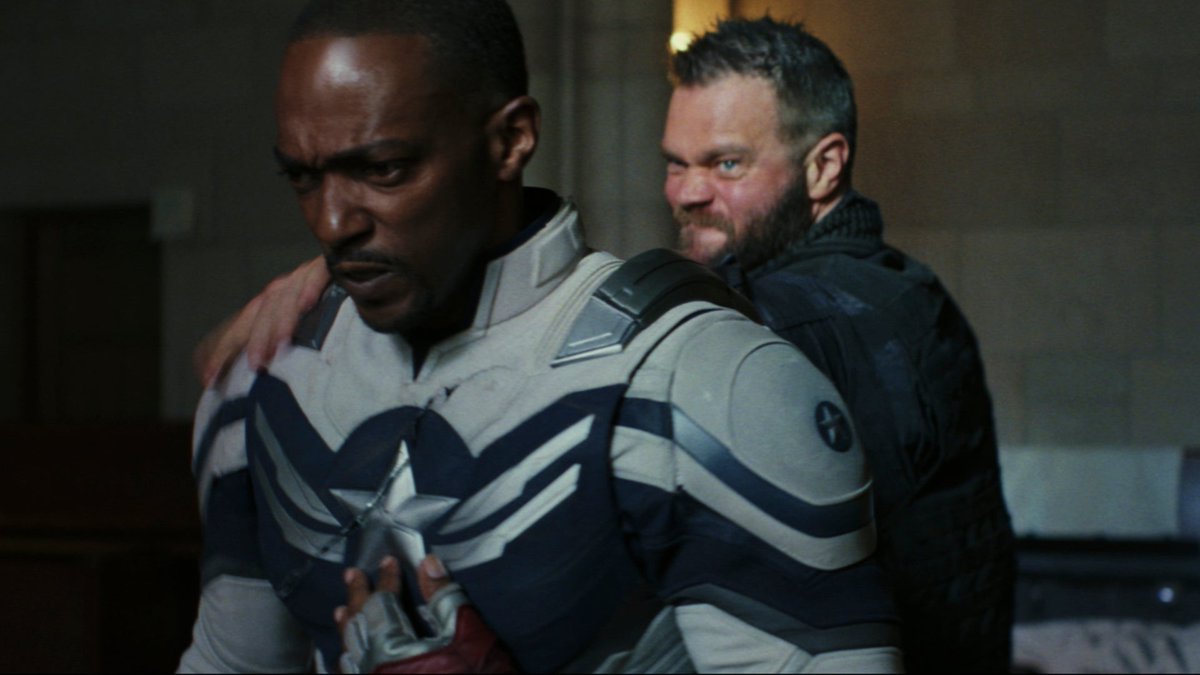 In this clip from Captain America: Brave New World, Sam Wilson fights a ruthless henchman in tense hand-to-hand combat.