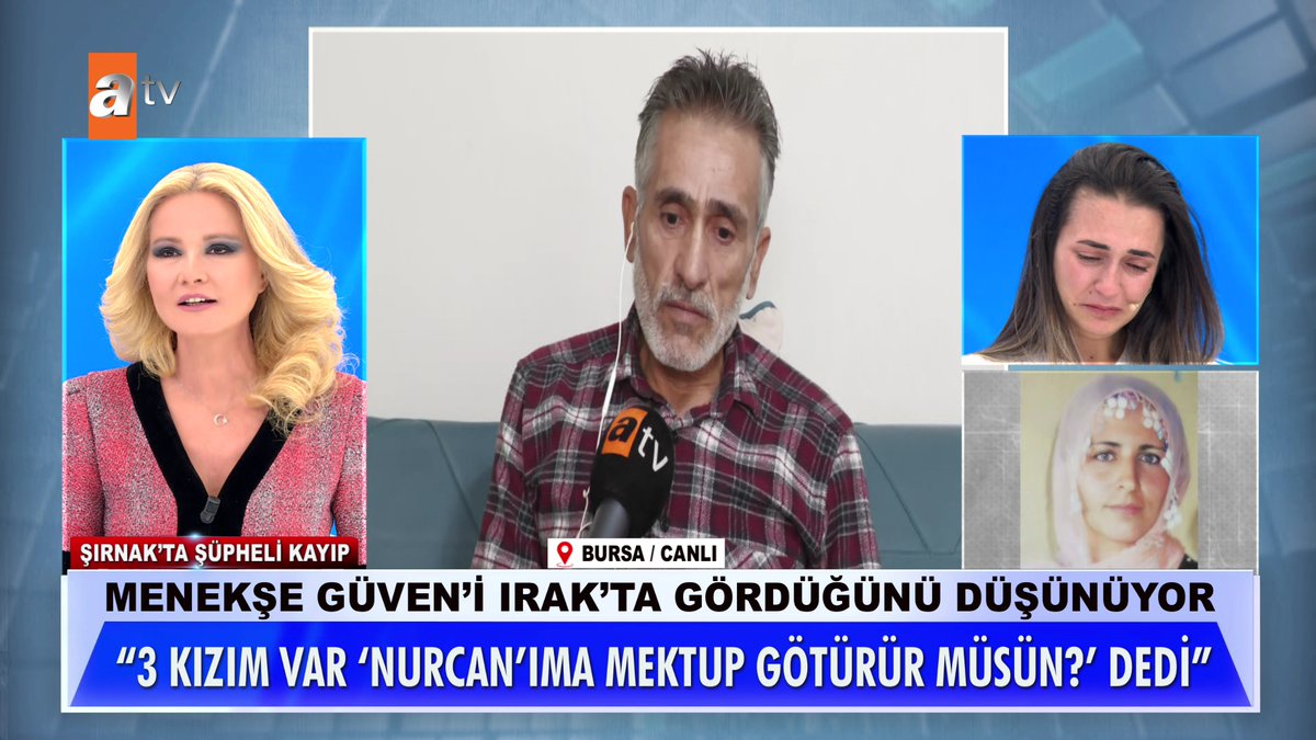 Menekşe Güven'i Irak'ta gördüğünü düşünüyor... ''3 kızım var 'Nurcan'ıma mektup götürür müsün?' dedi'' #MügeAnlıİleTatlıSert #MügeAnlı atv
