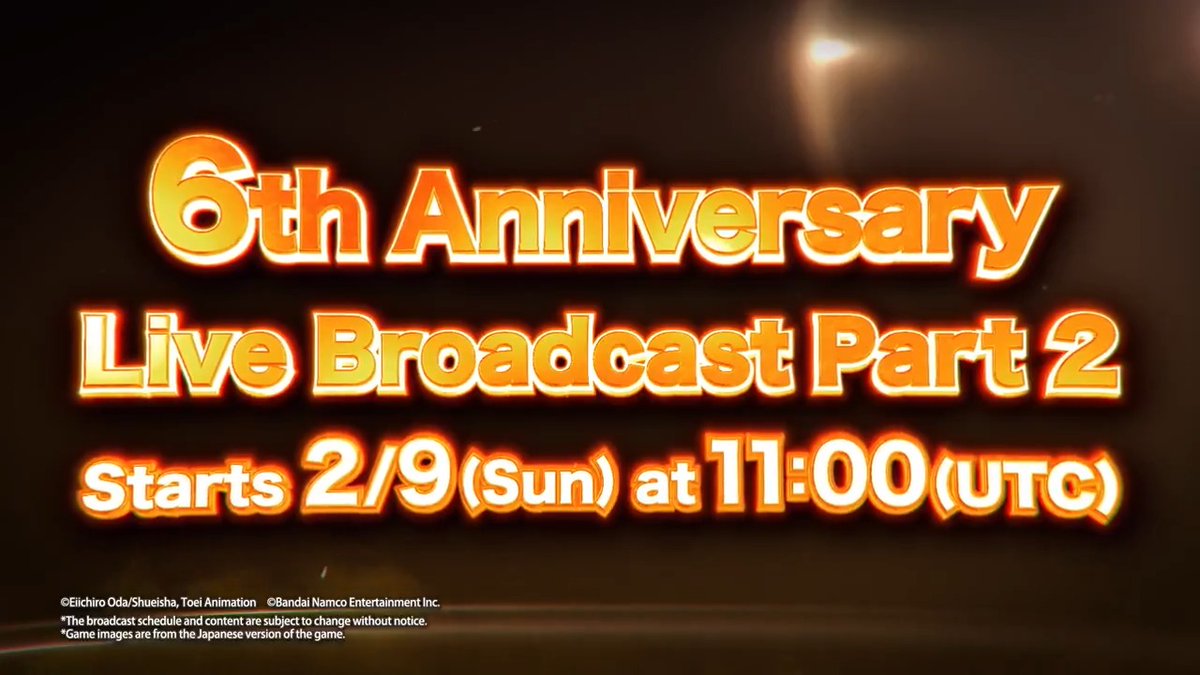 '6th Anniversary Live Broadcast Part 2' is Coming! Live Broadcast Starts 2/9 (Sun) 11:00 (UTC)! Bounty Rush's 6th Anniversary enters its climax! Watch here: ＃ONEPIECE #BountyRush