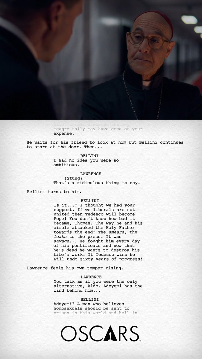 CONCLAVE, screenplay by Peter Straughan. Nominated for Writing (Adapted Screenplay) at the 97th Oscars. Watch the #Oscars LIVE on Sunday, March 2nd, at 7e/4p on ABC and Hulu.