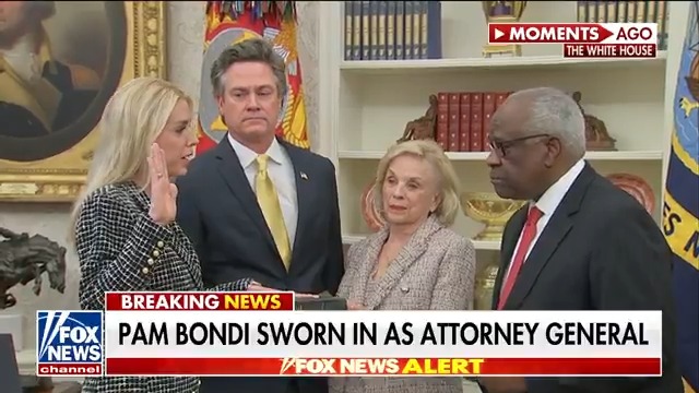 Pam Bondi sworn in as attorney general by Supreme Court Justice Clarence Thomas in Oval Office ceremony.