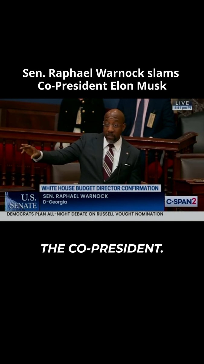 As Democrats hold the Senate floor, Reverend Raphael Warnock calls out Trump's OMB director pick Russell Vought for working hand-in-hand with Elon Musk.