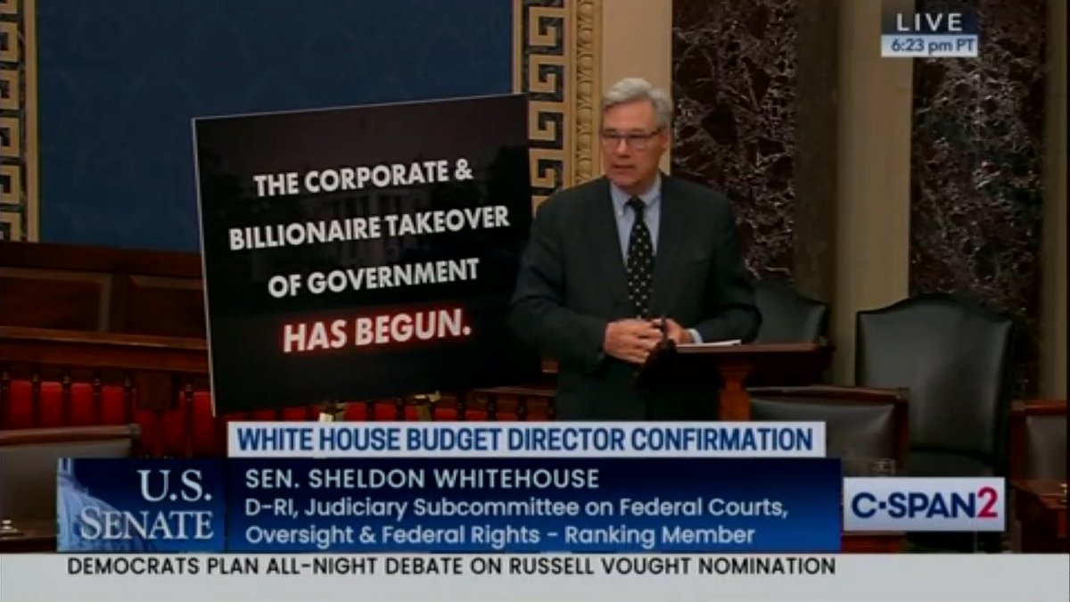 Sen. Whitehouse: Here's what Russell Vought has said about government employees. "We want them to be traumatically affected... Because they are increasingly viewed as the villains." Your postman, the meat inspector at the USDA, the health inspector, the people who do pharmaceutical testing, the people who do brain cancer research, the villains?