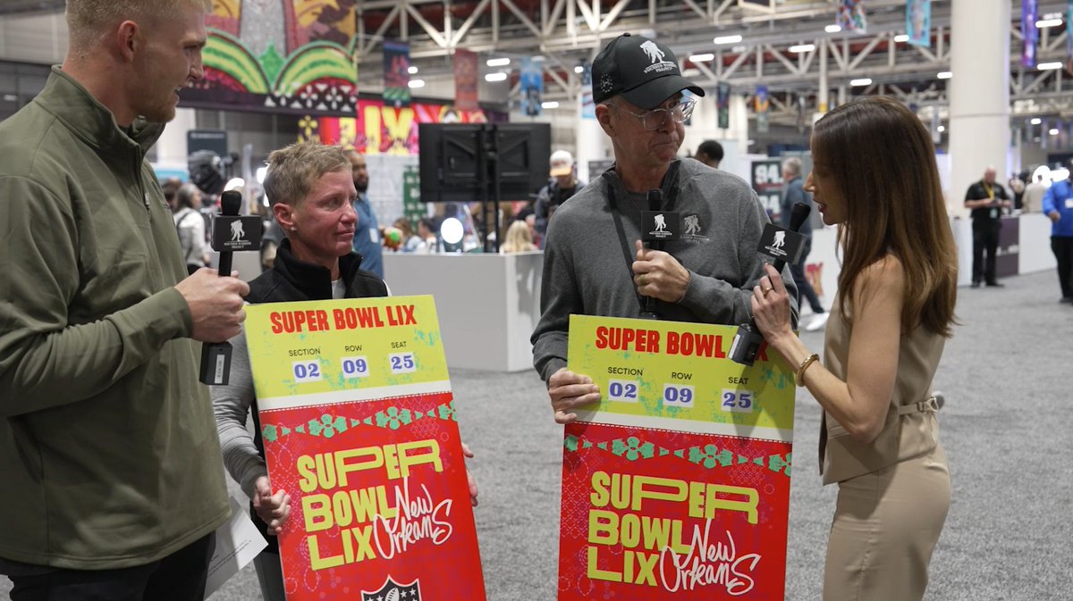 Warriors Brian and Natalie Vines got a huge surprise at Radio Row in NOLA! Kay Adams and Trey McBride helped the NFL present two tickets to #SuperBowlLIX!