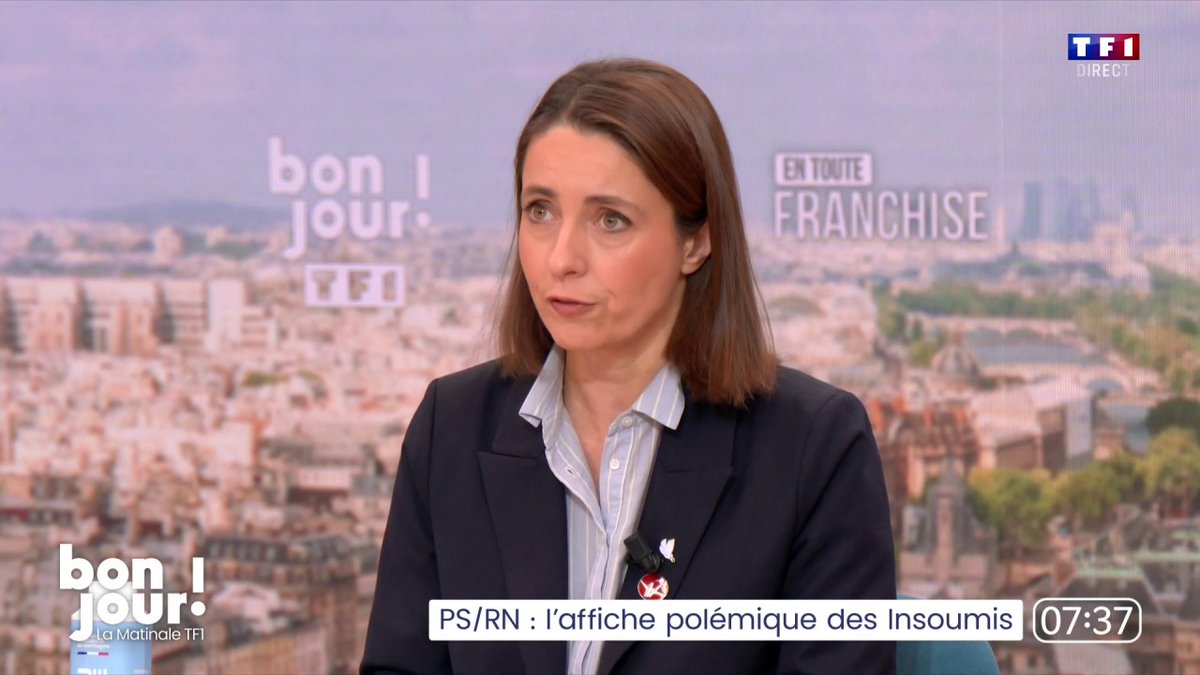 Visuel de LFI avec Olivier Faure et Marine Le Pen : "La CGT ne mettra jamais dos à dos l'extrême droite avec une quelconque autre force politique. C'est une grave faute de le faire parce que cela banalise l'extrême droite et ça fait tomber les digues", Sophie Binet