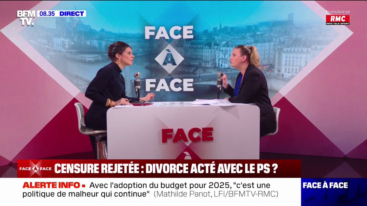 "Nous n'avons jamais mis d'équivalence entre le PS et le RN" ➡ Mathilde Panot sur l'affiche publiée par le groupe LFI à l'Assemblée nationale après le refus des socialistes de censurer François Bayrou