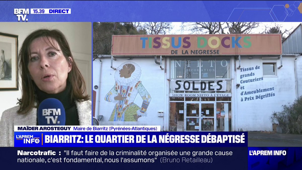 💬 "C'est une décision que je regrette" Maïder Arosteguy, maire de Biarritz, réagit à la décision de la cour d'appel de Bordeaux qui ordonne de débaptiser le quartier de La Négresse