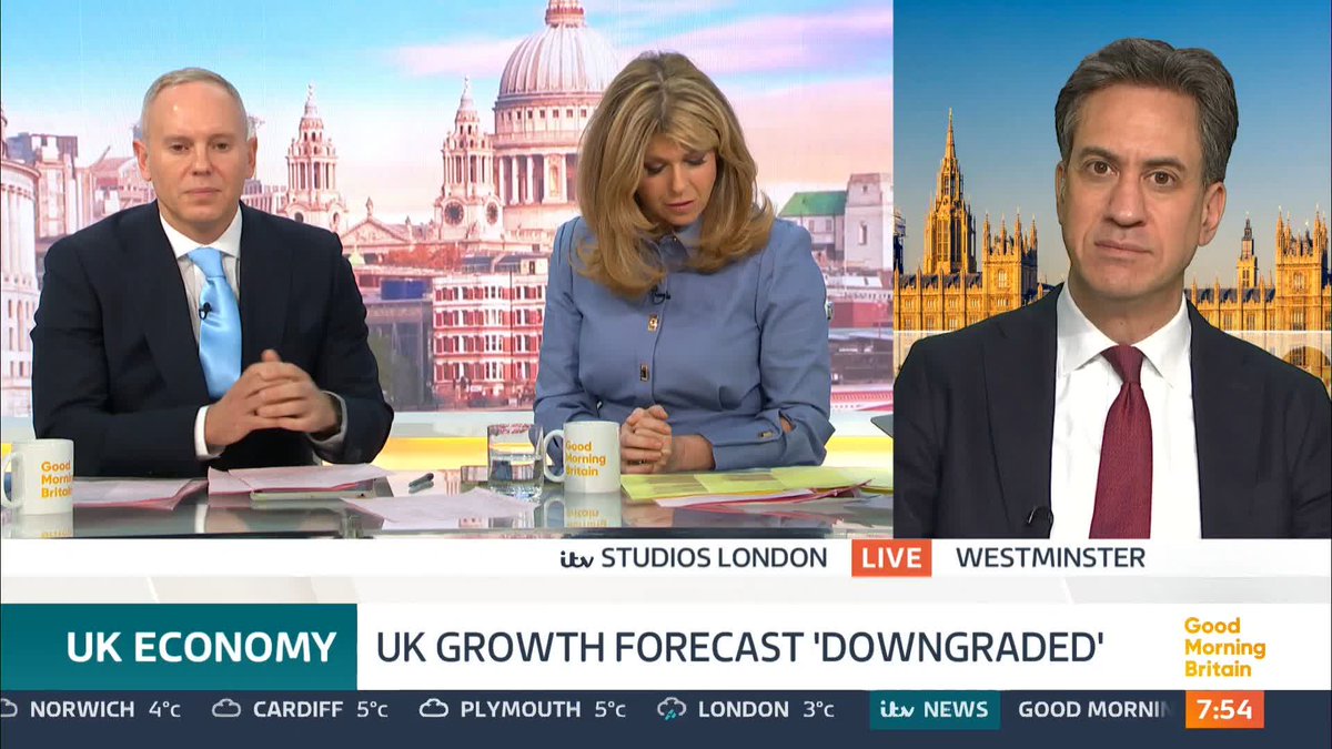 The Bank of England has halved its growth forecast and warned of an inflation spike which poses major problems for the Chancellor's plans to boost the economy. Ed Miliband speaks to Kate Garraway and @robbierinder.