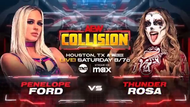 #AEWCollision TOMORROW! Houston, TX LIVE at 8pm ET/7pm CT on @TNTDrama & @SportsOnMax Penelope Ford vs Thunder Rosa @ThePenelopeFord wants to be acknowledged as AEW's present by leaving @ThunderRosa22 in the past. They clash TOMORROW on TNT & Max!