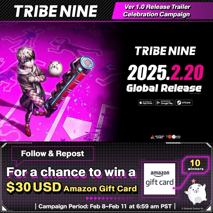 ／ 🎬 Ver 1.0 Release Trailer Celebration Campaign⚡️ ＼ 10 lucky entrants will win an Amazon gift card! 🎁 ▶︎How to enter ① Follow us TRIBE NINE Official ② Repost this post ⏰Deadline: Feb 15, 6:59 am (PST) 🎮 Pre-register now! #TRIBENINE