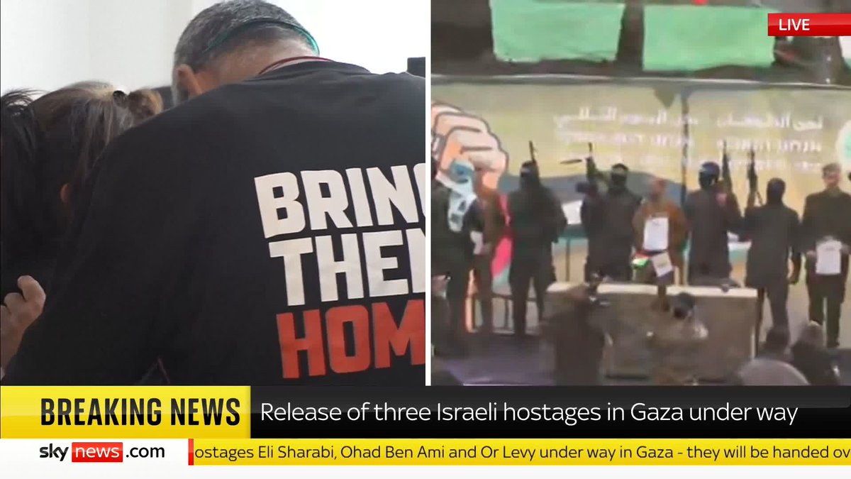 A hostages-prisoner swap is now under way in Gaza. Families cheer as they watch Israeli hostages Eli Sharabi, Or Levy and Ohad Ben Ami taken onto a stage by Hamas fighters. 📺 Sky 501, Virgin 602, Freeview 233 and YouTube