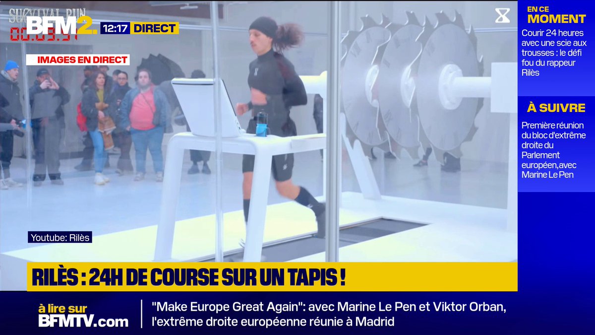 Courir 24 heures avec une scie aux trousses, le défi fou du rappeur Rilès. Cette installation éphémère dans le 3e arrondissement de Paris, accessible au public, s'inscrit dans la communication de l’album de l'artiste, "Survival Mode"