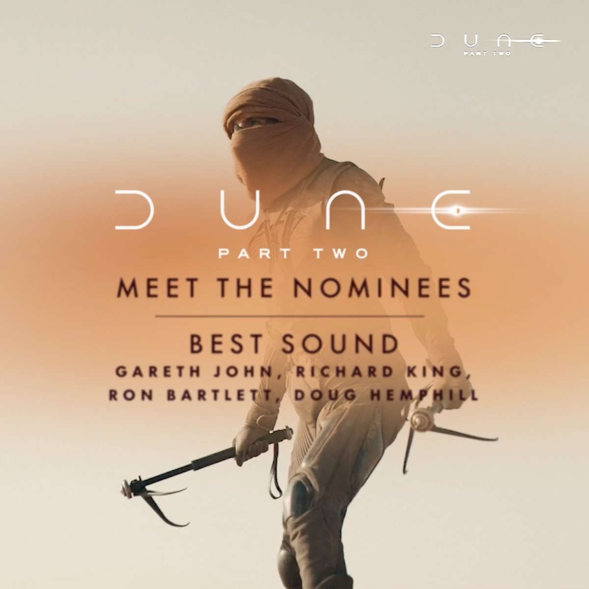 Meet the Nominees of #DuneMovie. The Academy-nominated sound team brought the subtleties of the desert to life with elements that were visceral, tactical, and recognizable as real. Celebrating Gareth John, Richard King, Ron Bartlett, and Doug Hemphill. Nominated for Best Sound.