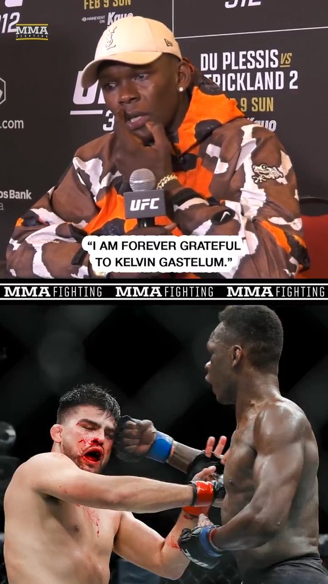 Israel Adesanya reacts to his 2019 fight against Kelvin Gastelum being inducted into the UFC Hall of Fame: "Whenever I look in the mirror and catch a glimpse of [this scar], a thought of him goes past my head. … I am forever grateful to him."