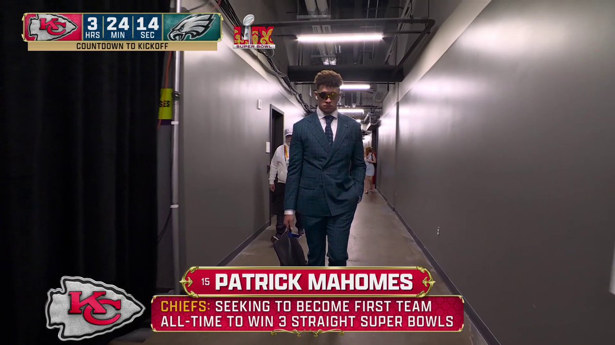 Patrick Mahomes rocking the all-green suit ahead of #SuperBowlLIX 👀