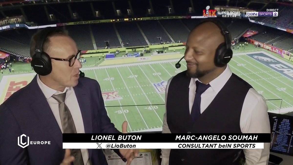 🏈 #NFLExtra 🤩 Nos envoyés spéciaux Lionel Buton (LIONEL BUTON) et Marc-Angelo Soumah (Marc-angelo SOUMAH) nous accueillent au Caesars Superdome, l'antre du #SuperBowlLIX !👀 Rendez-vous dès 23H sur beIN SPORTS 1 pour notre soirée spéciale !